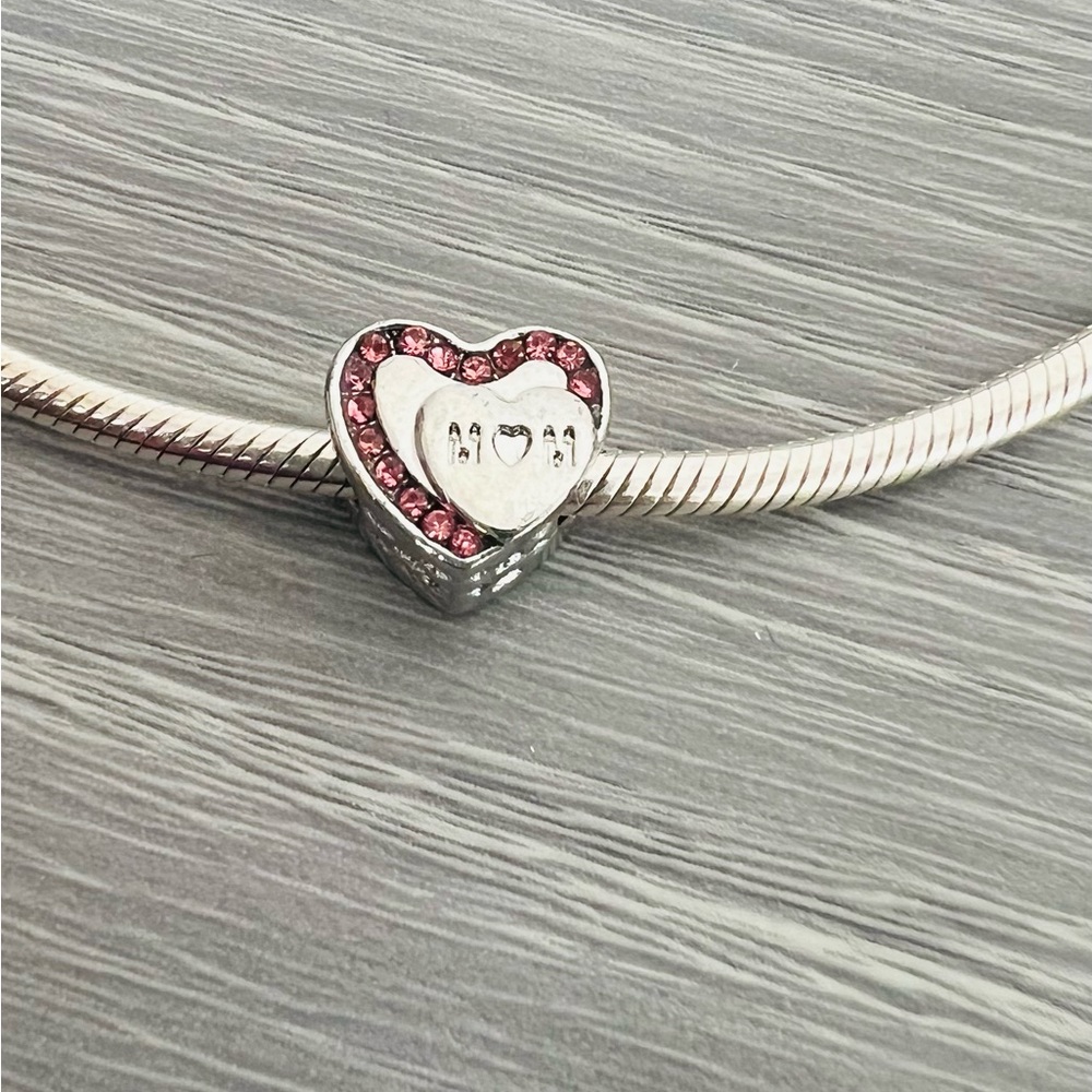 Paved Pink crystals & Silver plated heart MOM bracelet charm